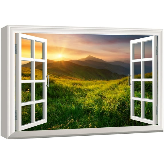 3D Visual Effect View Through Window Frame Landscape at the Top of Mountains with Grass Gallery 24x36 inches
