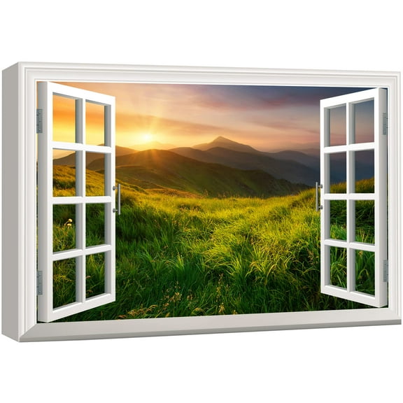 3D Visual Effect View Through Window Frame Landscape at the Top of Mountains with Grass Gallery 24x36 inches