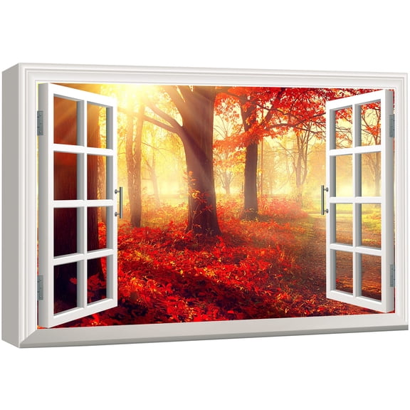 3D Visual Effect View Through Window Frame Red Tree in the Park during the Fall Season Gallery 32x48 inches