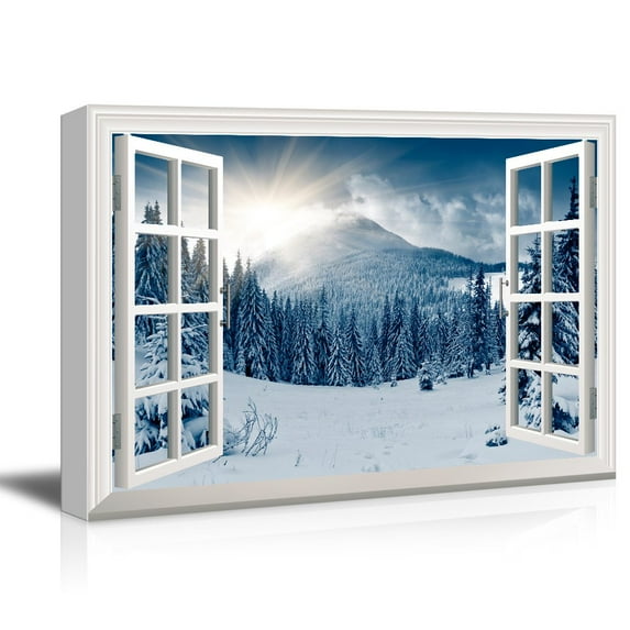 3D Visual Effect View Through Window Frame Snow Covered Pine Tree Forest Gallery 24x36 inches