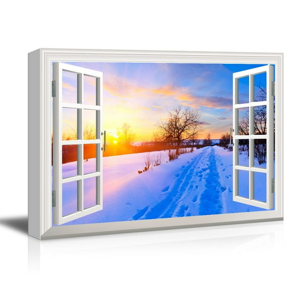 3D Visual Effect View Through Window Frame Snow Covered Road at Sunset Time Gallery 32x48 inches