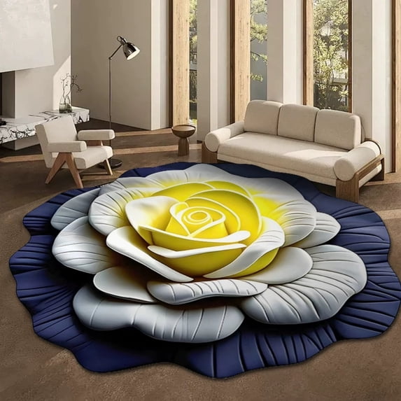 3D Visual Flower Shaped Area Rug, Non- Easy Care Decorative Floor Mat For Living Room