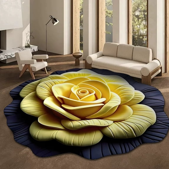 3D Visual Flower Shaped Floor Mat Easy Clean Decorative Rug Indoor Area Rug For Living Room Bedroom,Yellow1-50X50Cm