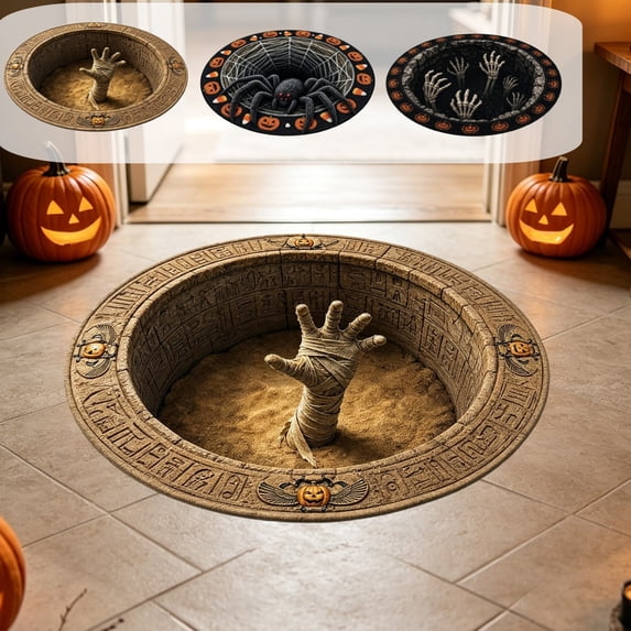 3D Visual Illusion Halloween Round Doormat, 23.6 in Polyester Non‑slip Floor Mat, Skeleton Mummy Spider Pattern for Entryway Bedroom Holiday Party Decor