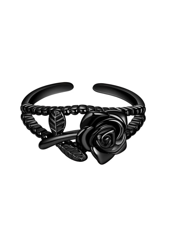 3D Vivid Black Rose Rings Flower Open Band Adjustable Promise Ring Elegant Women Jewelry Mother Christmas Valentine's Day Gifts for Her Hipunk