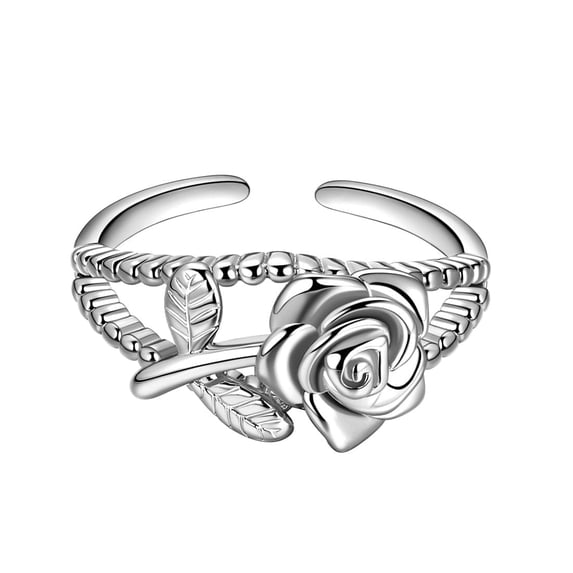 3D Vivid Rose Rings Flower Open Band Adjustable Promise Ring Silver Plated Romantic Women Jewelry Mother Christmas Valentine's Day Gift for Her Hipunk