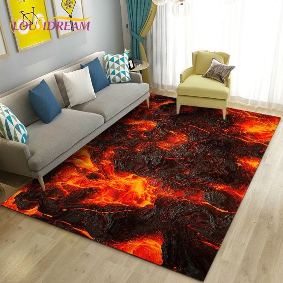 3D Volcano Lava Magma Area Rug Large Carpet Rug for Living Room Bedroom Sofa Doormat Decoration Kid Game Play Non-slip Floor Mat