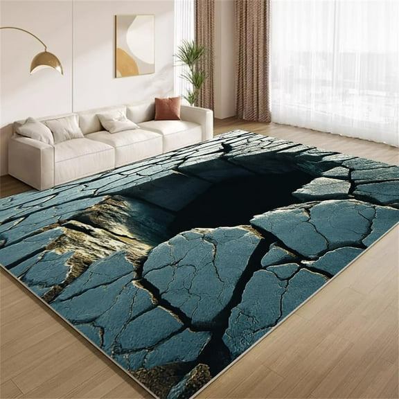 3D Vortex Illusion Rug for Living Room, Tunnel Optical Carpet, Cracked Stone Grey, Easy Clean Washable Black Hole Horror, for Game Room 2x3ft