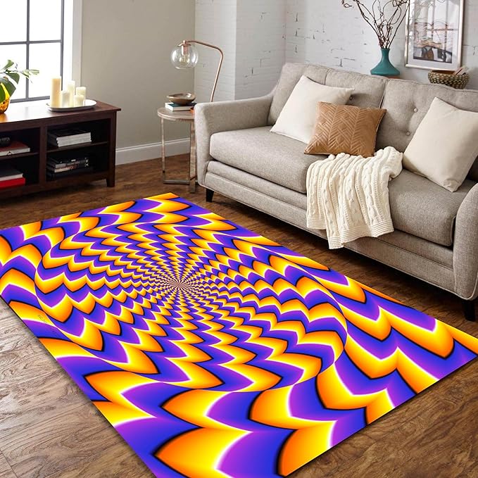 3D Vortex Illusion Washable Area Rug, Optical Yellow And Navy Non-Slip ...