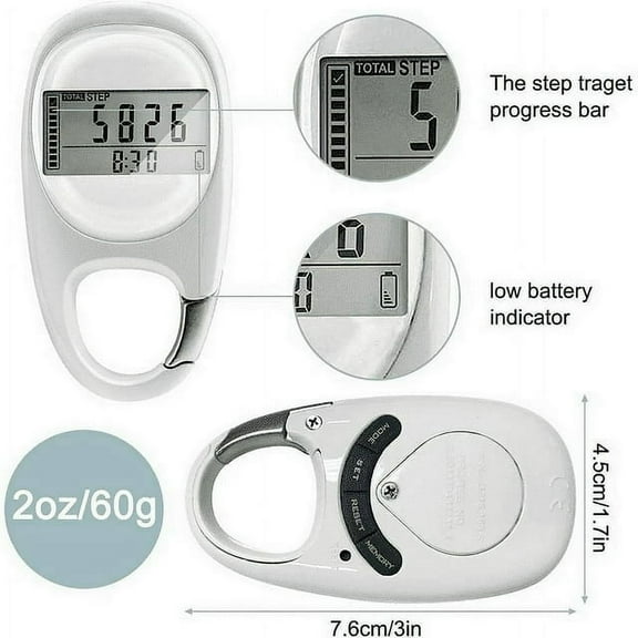 3D Walking Step Counter with Clip and Digital Display, Walking pedometer, Track Steps, Calories Burned, suit for Men Women Pets Outdoor Sports Activity,daily goal monitor, exercise time, White