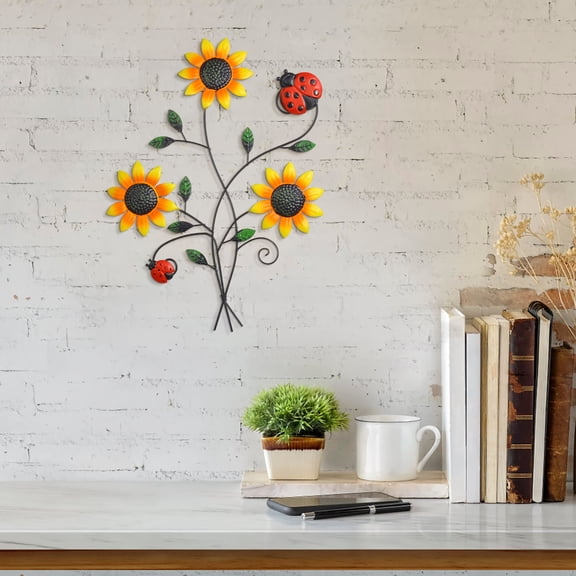 3D Wall Art, Sunflower Decor, Metal Flower Wall Hanging For Garden Living Room, Wrought Iron Ornament, Ladybug Design, 15.4x11.8 In