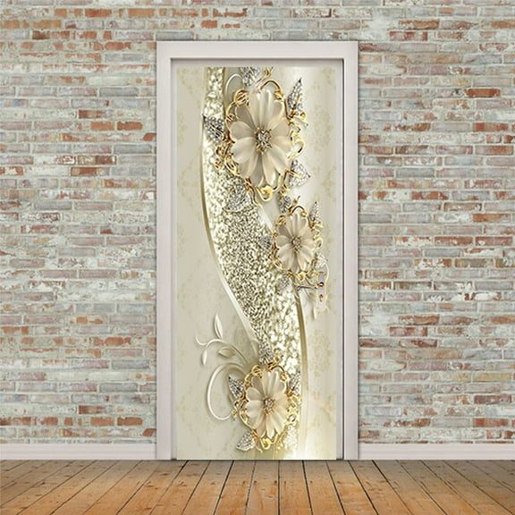3D Wall Decal Golden Flower Pattern, Abstract Art Door Sticker for Home Decoration - Waterproof Paper Wall Decor Mural