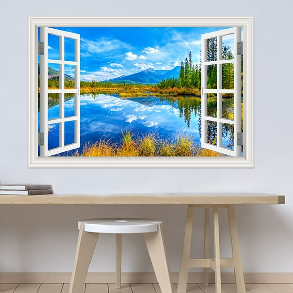 3D Wall Decal Nature Landscape Fake Window Wall Poster Mountain Forest Lake Landscape Wall Sticker Wallpaper Peel and Stick