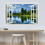3D Wall Decal Nature Landscape Fake Window Wall Poster Mountain Forest Lake Landscape Wall Sticker Wallpaper Peel and Stick