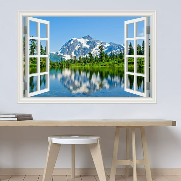 3D Wall Decal Nature Landscape Fake Window Wall Poster Mountain Forest Lake Landscape Wall Sticker Wallpaper Peel and Stick