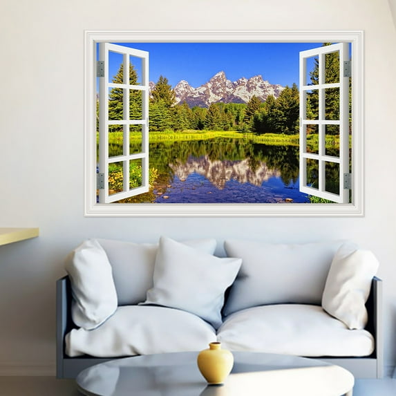 3D Wall Decal Nature Landscape Fake Window Wall Poster Mountain Forest Lake Landscape Wall Sticker Wallpaper Peel and Stick