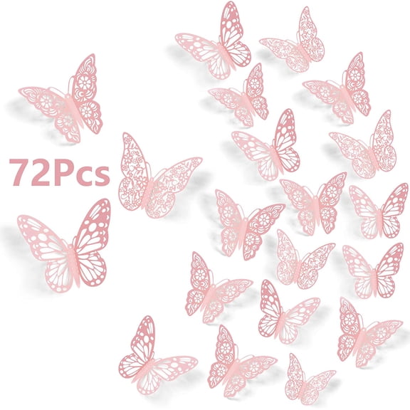 3D Wall Decor, 72 Pcs 3 Sizes 3 Styles, Pink Butterfly Decorations - Removable Stickers for Room Decor, Party Balloons, Cake Decoration, Flower Arrangements