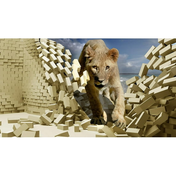 3D Wall Murals Art Decals Decorator-Young Lion Broke Through the Wall(40" X 22")