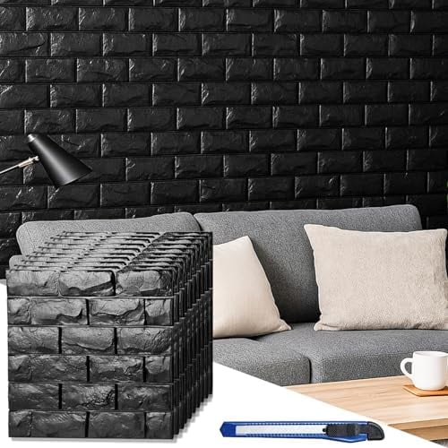 3D Wall Panels Stick and Peel, Black Brick Printable 3D Wallpaper Stick and Peel Self Adhesive Waterproof Foam Faux Brick Paneling for Bedroom, Bathroom, Kitchen, Fireplace (11, Black)