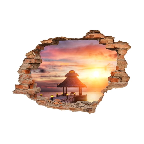 3D Wall Sticker, Fake Window With Broken Wall Design, Beach Sunset Scene For Living Room Bedroom Wall Decor