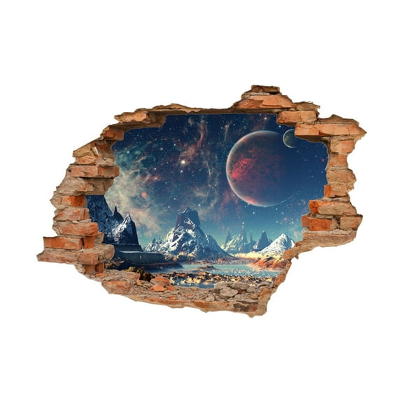 3D Wall Sticker - Fake Window With Broken Wall Design, Space Planet Mountain Scene, For Living Room Bedroom Background Wall Decor