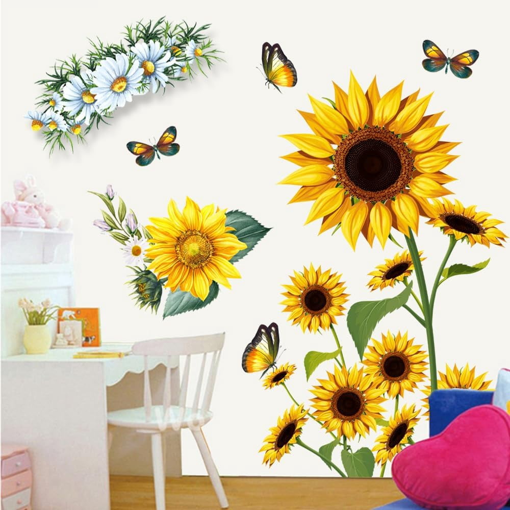 Stickers Muraux Tournesols Peints – Décoration Amovible Salon/Chambre