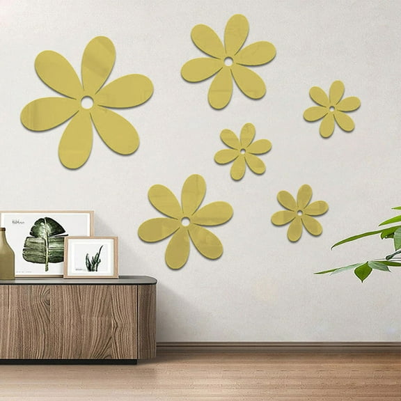 3D Wall Stickers Verdsylv Acrylic Flower Wall Decals - 6Pc 3D Mirror Removable Stickers, Self-Adhesive Mural for Living Room, Bedroom, and Tile Decoration, Removable Flower Decals, Gold