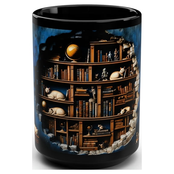 3D Wall Vintage bookcase with cat for books and cat lover Black Mug, 15oz