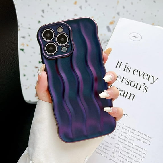 3D Water Ripple Pattern Case for iPhone 12 Pro Max 6.7 inch, Solid Color Cute Curly Waves Frame Shape Phone Case Glossy Shockproof Soft TPU Anti-Scratch Phone Cover Slim Bumper Case - Purple
