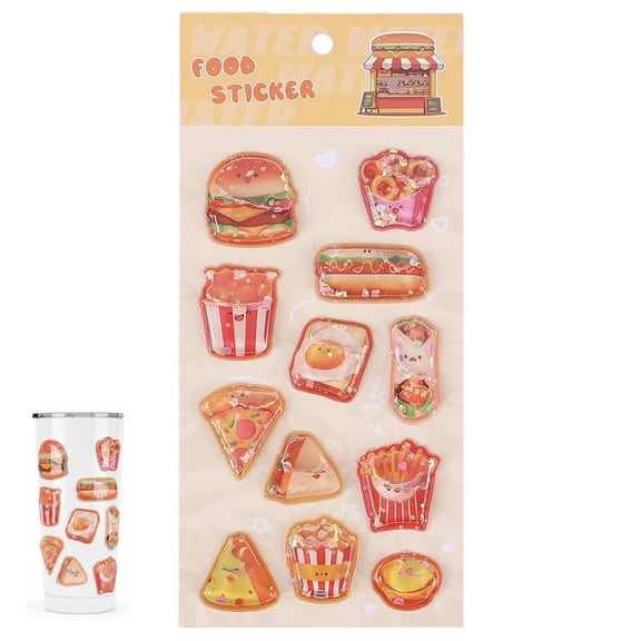 3D Water-filled Shaker Stickers with Sequins, Cute Food Pattern, Milk Tea & Ice Cream Decor Decals for DIY Journal
