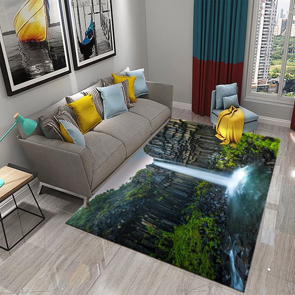 3D Waterfall Landscape Carpet for Living Room Green Forest Natural Scenery Rug Bedroom Bathroom Door Entrance Non-slip Carpet