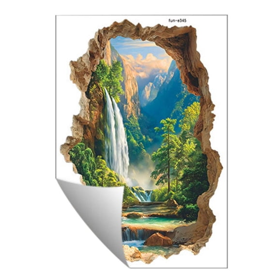 3D Waterfalls and Forests Wall Stickers, Removable PVC Nature Atmosphere Landscape Self-Adhesive Wall Decals Door Murals for Home Bedroom Living Room Bathroom Decor
