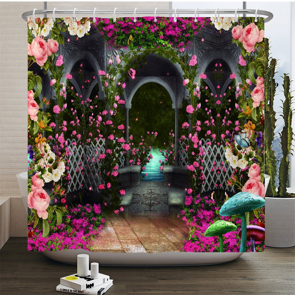 3D Waterproof Fabric Shower Curtains European style Arched Flower Printed Bath Curtain Large ...
