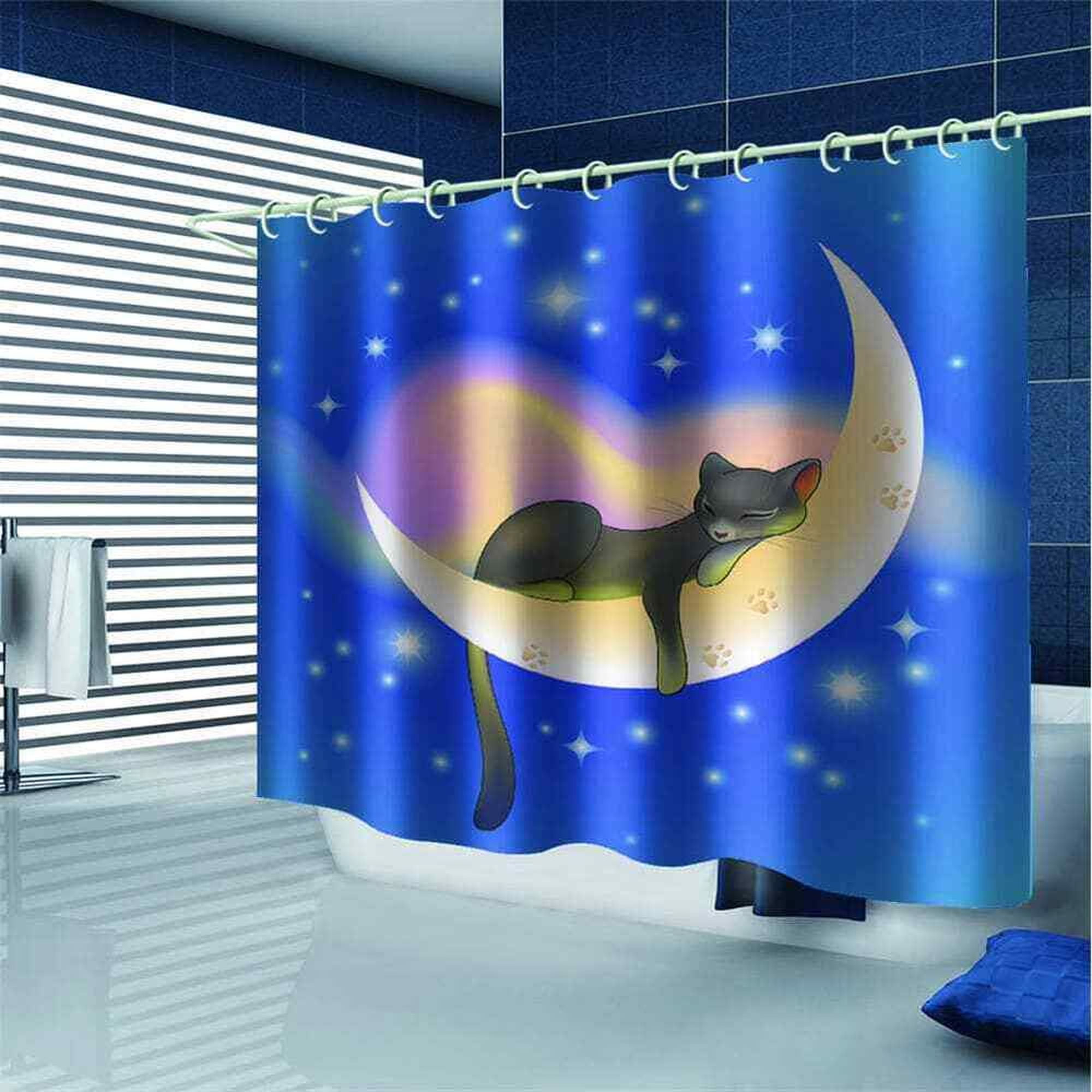 3D Waterproof Moon Cat Shower Curtain Feline Decor for a Stellar