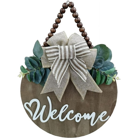 3D Welcome Sign for Front Door |Home/Farmhouse Porch Décor Wooden Hanging Sign with Artificial Leaves and Rustic Beads | Christmas Classroom |12" Round
