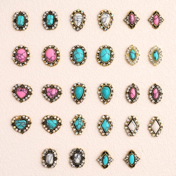 3D Western Nail Charms, 28PCS Turquoise Nail Charm with 1 Sheet 3D Nail Art Stickers, Nail Art Rhinestones, Nail Gems, Nail Charms Set with 1 Gold Nail Stickers