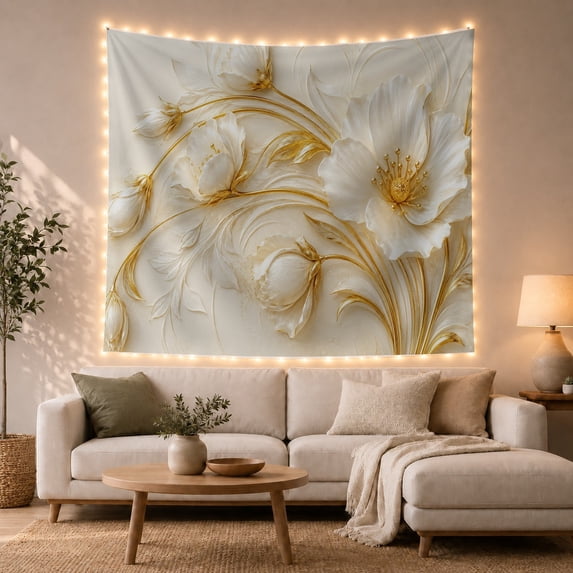 3D White Floral Relief Set Against Cream Background, Serene Minimalist for Botanical Lovers, Sculptured Wall Art, Housewarming Gift, Tapestry Wall Hanging for Living Room and Bedroom