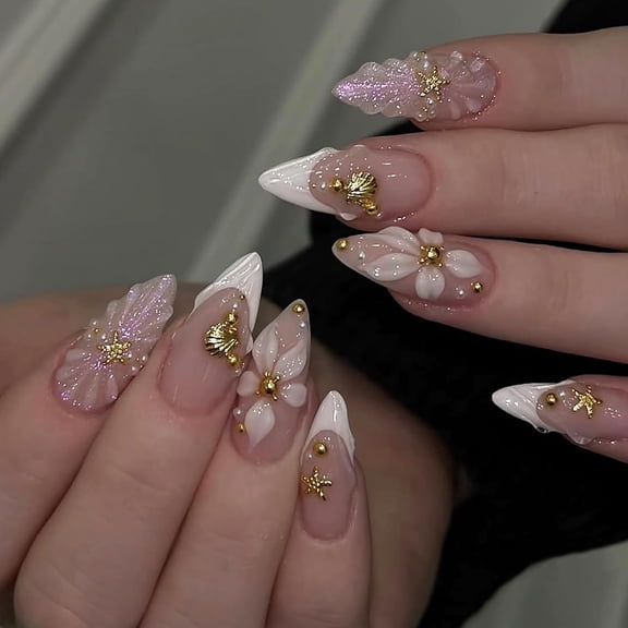 3D White Flower Press on Nails Medium Almond Spring Summer Vacation Fake Nails with Floral Gold Starfish Shell Design,24pcs Full Kit Purple Aurora White French Glue on Nail Press ons for women