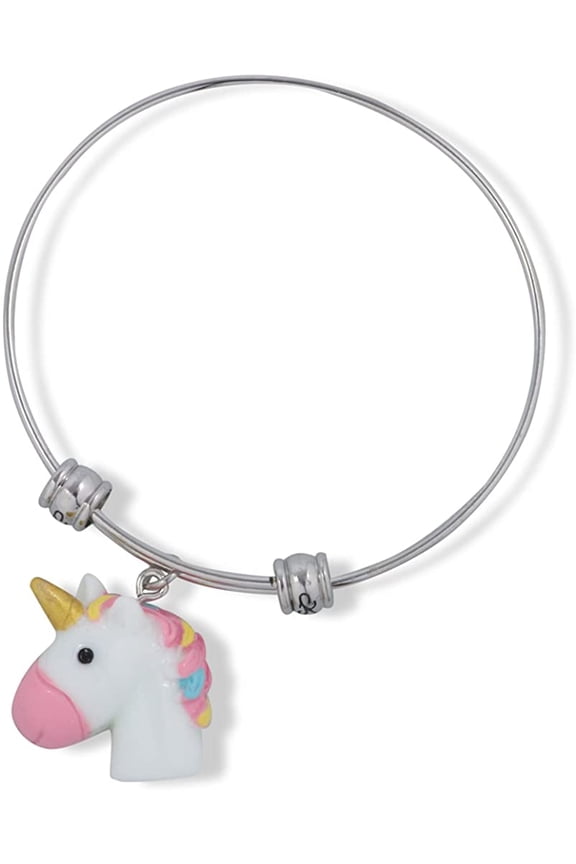 3D White Head Unicorn with Pink Nose Gold Horn Multi Colour Mane Fancy Charm Bangle