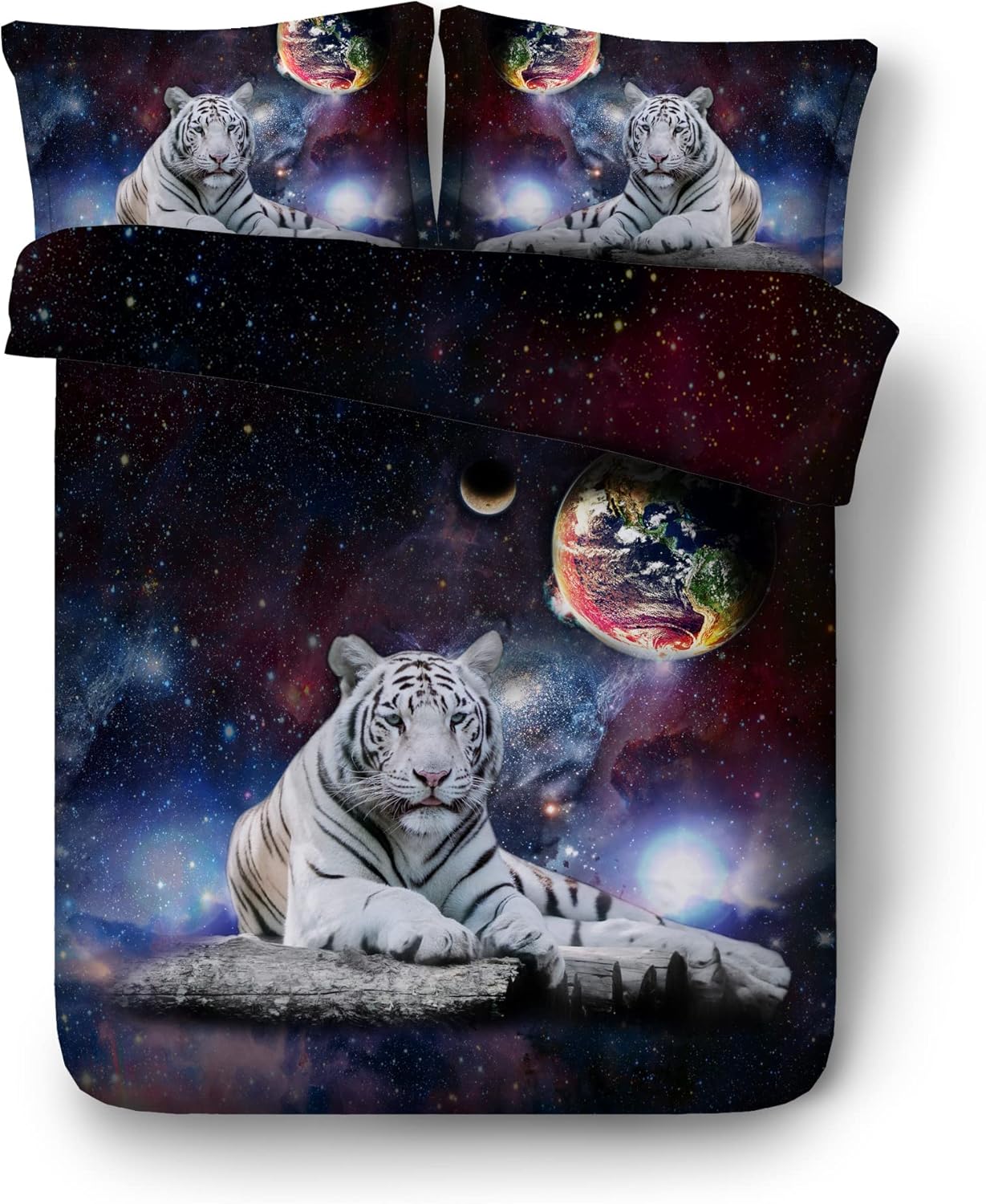 3D White Tiger Bedding Set for Kids Adult Dark Color Universe Nebula