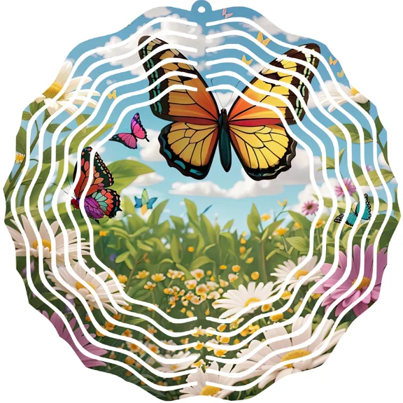 3D Wind Spinner Metal 10" Hanging Yard Art Round Garden Mobile Butterfly Twirler