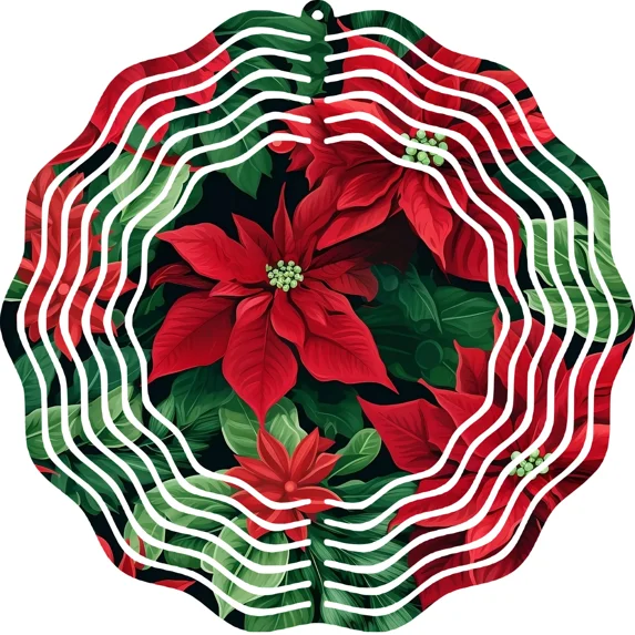 3D Wind Spinner Metal 10" Round Chirstmas Poinsettia Flowers Whirligig Yard Art