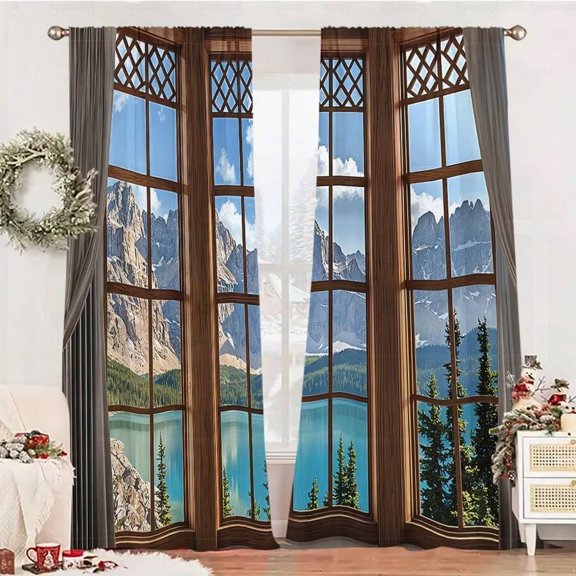 3D Window Scenery Curtain Set - Red Mountain Lake Landscape, HD Printed, 2