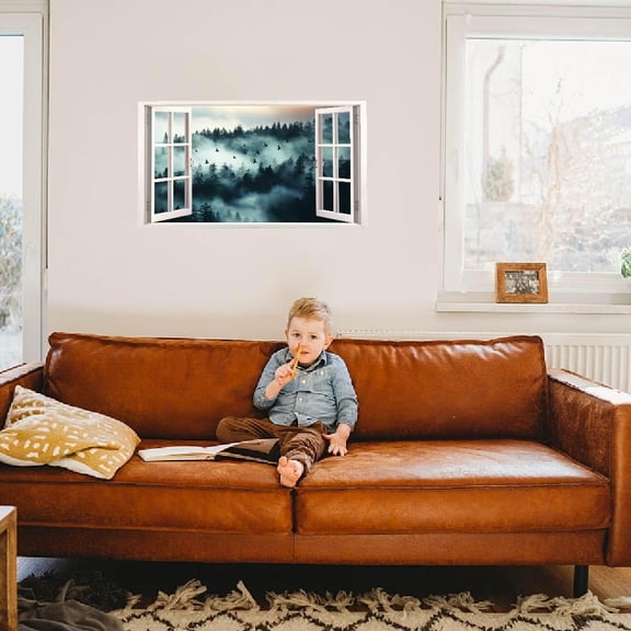 3D Window Scenery Wall Decals Rime Forest Wall Sticker Freezing Fog Forest Wall Deal Natural Scenery Wall Sticker Vinyl Peel and Stick for Living Room Home Wall Decoration for DIY