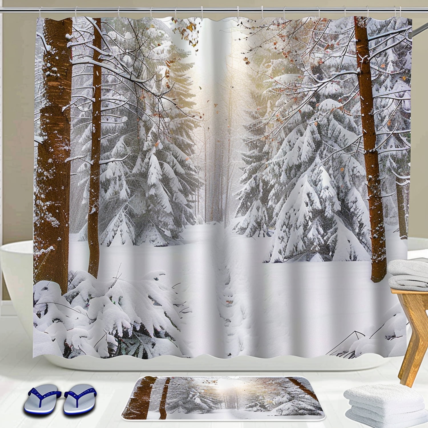 3D Winter Forest Snow Shower Curtain Set White Brown Blue Flip Flops