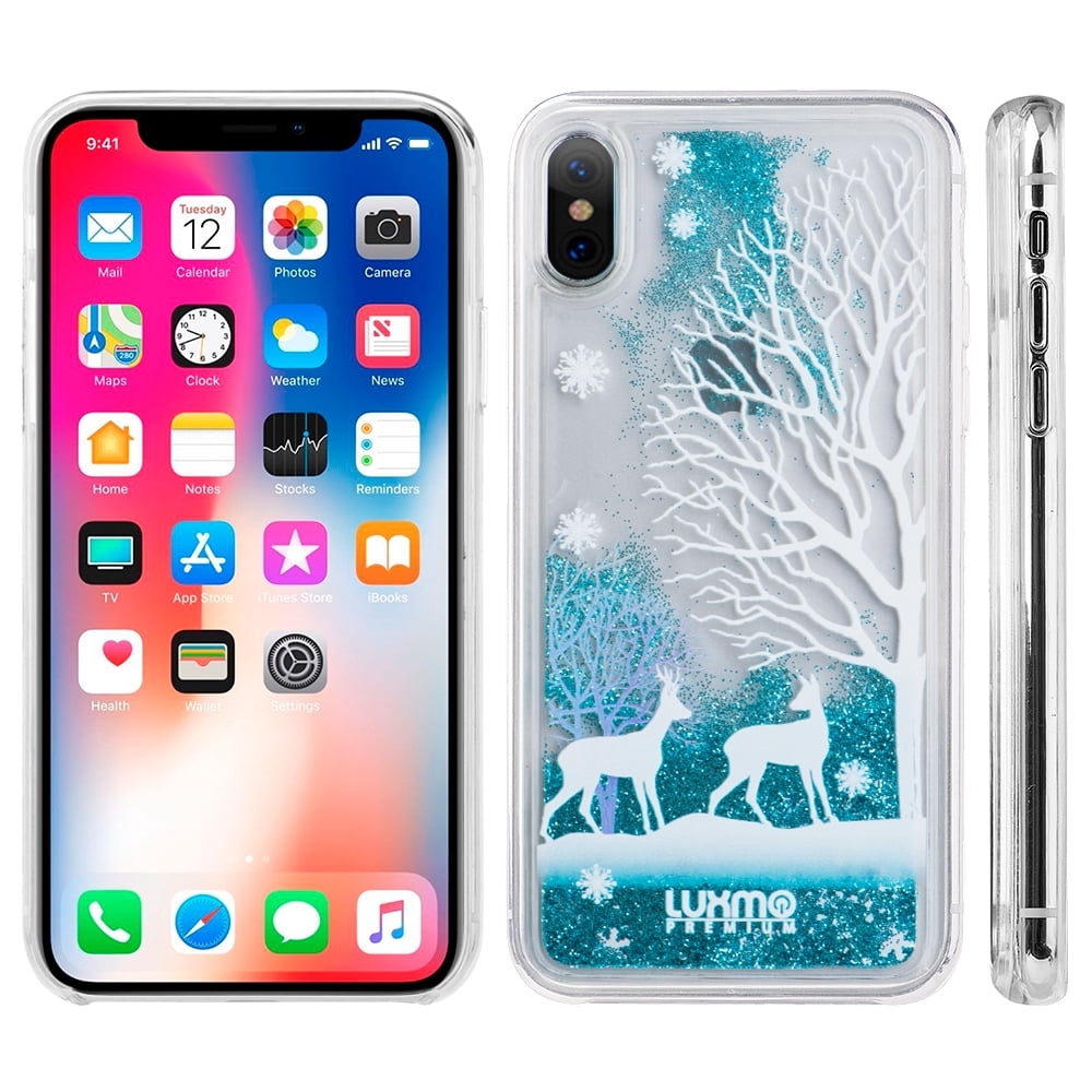 3D Winter Sparkle Glitter Waterfall Phone Case (Winter Deer) for Apple iPhone XS/X - Interactive Water Liquid Cascade Floating Snow Globe Dynamic Transparent Smartphone Cover Snow Nature Animals Woods