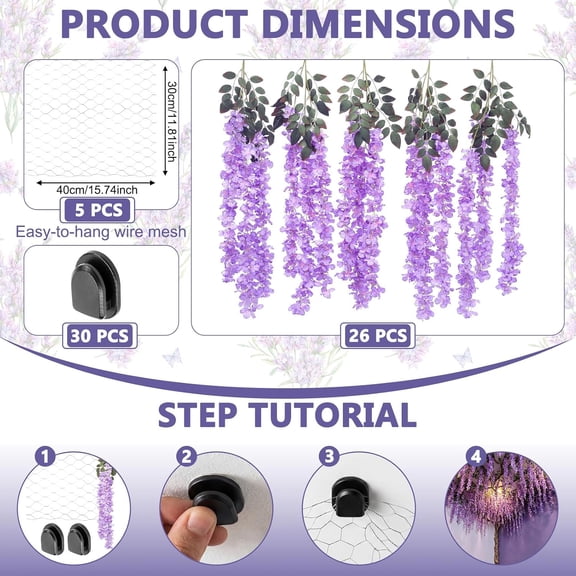 3D Wisteria Tree Decor Set with Metal Mesh Panels - 26 Pcs Artificial  Flower Vines for Ceiling Wall Backdrop Wedding Home Party