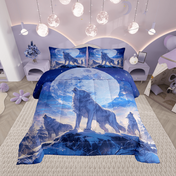 3D Wolf Bedding Comforter Sets Winter Wolves On The Snow Mountain Bedding, Wild Animal Printed Comforter Set for Teens Adults Men Galaxy Moon Starry Sky Duvet Insert Twin 2Pcs (Blue)