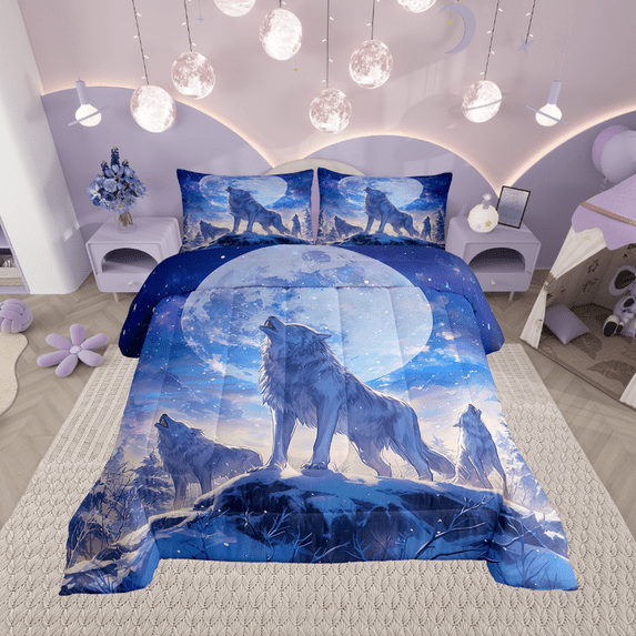3D Wolf Bedding Comforter Sets Winter Wolves On The Snow Mountain Bedding, Wild Animal Printed Comforter Set for Teens Adults Men Galaxy Moon Starry Sky Duvet Insert Twin 2Pcs (Blue)