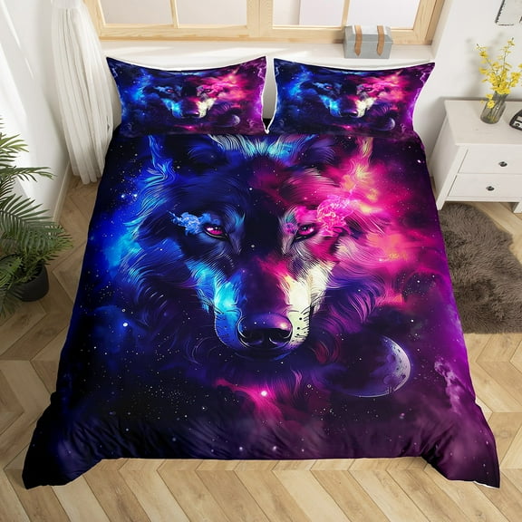 3D Wolf Comforter Cover Queen Size Wolf Galaxy Moon Duvet Cover 3 Piece Wolves Wild Animal Bedding Set for Adults Men Tie Dye Oil Painting Starry Design Quilt Cover, Purple Blue and Black
